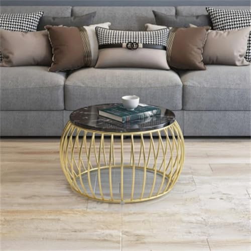 Image of Modern Coffee Tables Round Marble Laminated Tables Set of 2, Stacking Couch Center Table with Golden Metal Frame for Living Room, Bedroom or Apartments (Golden Black)
