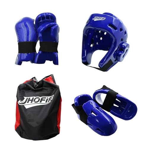 JHOFIF Martial Arts Karate Protective Sparring Gear Package Deal/Gift Adjustable Adult & Youth Headgear, UZJ Gloves & Kicks for MMA, Taekwondo, Boxing Training (Blue, Large)