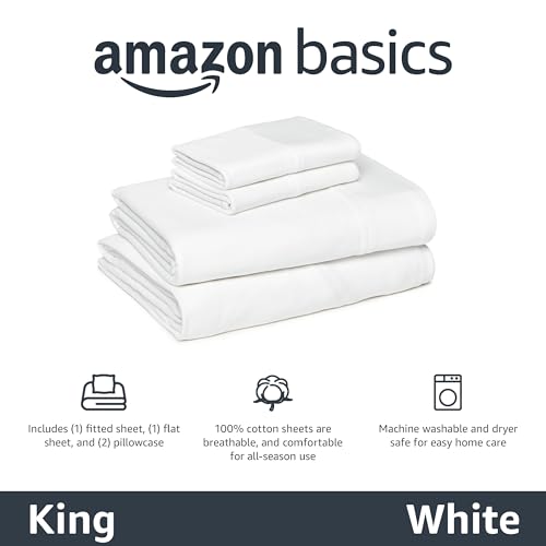 Image of Amazon Basics 100% Cotton Jersey Bed Sheet Set, King, White, Solid