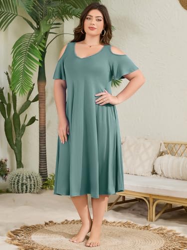 Image of LARACE Plus Size Women Dress for Summer, Midi Women's Sundress, Casual V-Neck Short Sleeve Flowy T-Shirt Dresses with Pockets