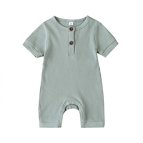iddolaka Unisex Newborn Baby Boy Girl Short Sleeve Button Romper Jumpsuit One-Piece Outfits Solid Color Clothes (Light Green, 9-12Months)