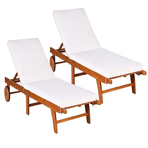 COSTWAY Lot de 2 Chaise Longue de Jardin en Bois d'Eucalyptus à roulettes, Bains de Soleil Pliable...