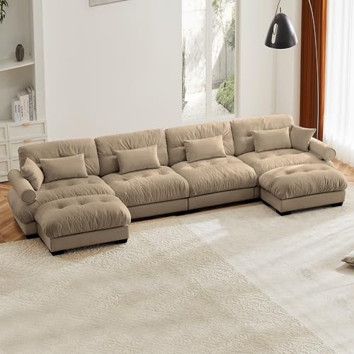 Aoowow Modern Velvet Cloud Sofas Deep Seat for Living Room,166" Luxury Oversized U-Shaped Cloud Couch with Ottomans,Tufted Extra Large 4 Seater Sleeper Sofa (Velvet Camel, 4 Seater with 2 Ottomans)