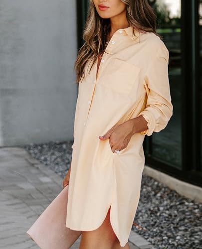 Image of Aoudery Womens Button Down Shirt Dresses with Pockets Cotton Button Up Tunics Long Sleeve Solid High Low Blouse Tops