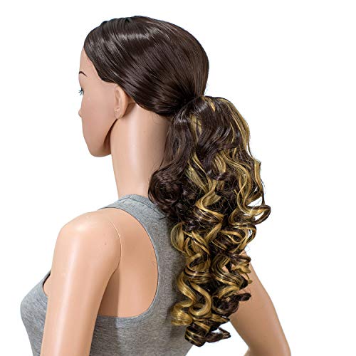 SWACC 12-Inch Short Screw Curls Claw Clip Ponytail Extensions Synthetic Clip in Drawstring Curly Ponytail Hairpiece Jaw Clip Hair Extension (Dark Brown Strawberry Blonde Highlights-4H27)