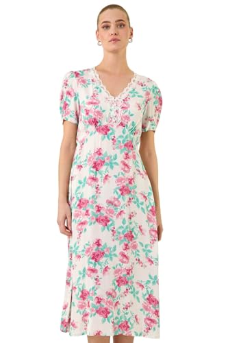 Roman Originals Tea Dress for Women UK Ladies Skater Swing Fit & Flare Flattering Summer Knee Length Frill Hem Ruched Chest Casual Smart Cocktail Party Going Out - Floral Ivory - Size 16