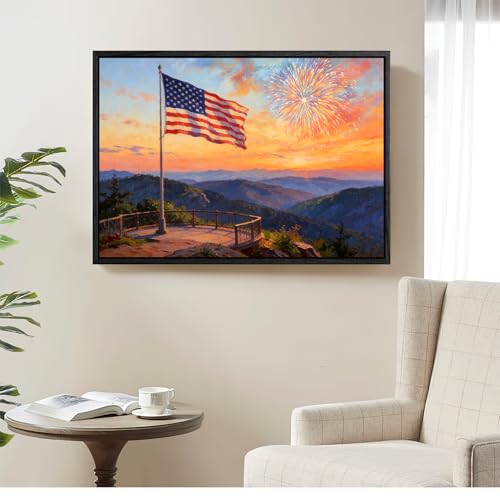 Image of American Flag Framed Canvas Wall Art, 4th of July Fireworks Canvas Prints, USA Flag with Ocean Sunset Landscape Patriotic Decorations, Independence Day Wall Decor for Bedroom Living Room 20x24