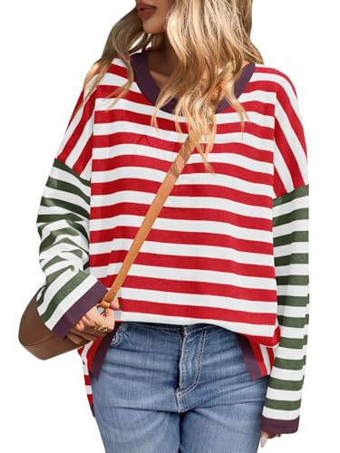 Image of Saodimallsu Womens Striped Oversized Sweaters Color Block Crew Neck Long Sleeve Loose Knit Pullover Sweater