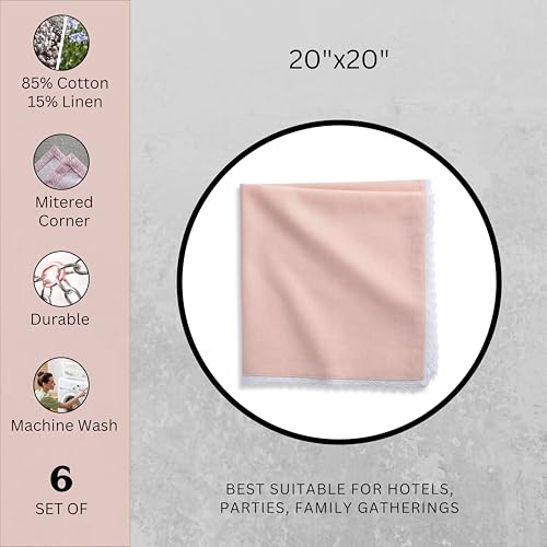 Image of FINGERCRAFT Lace Trim Cloth Napkins Set of 6, 20x20 Inch Cotton Linen Blend Dinner Napkins, Reusable Washable Table Napkins for Wedding, Farmhouse Dining, Parties & Home Decor (Pink)