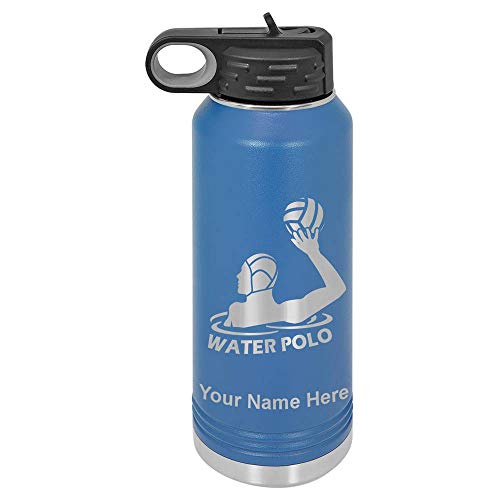 LaserGram Personalized Water Bottle, Water Polo Player, Stainless Steel Double Wall Vacuum Insulated with Flip Top Straw, Custom Engraved Gift (32oz / 950ml Dark Blue)