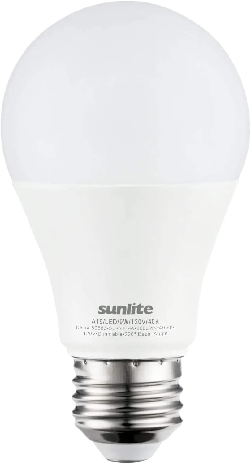 Sunlite 80683-SU LED A19 Standard Light Bulb 9 Watts (60W Equivalent), 800 Lumens, Medium Base (E26), Dimmable, UL Listed, Energy Star, 40K-Cool White, 1 Pack
