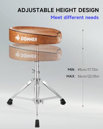 Donner Saddle Drum Throne, Height Adjustable Padded Seat Drum Stool for Adults and Teens, 5A Drumsticks Included, with Double Braced Legs Rubber Feet, Brown - image 3