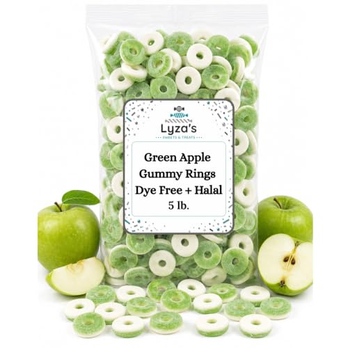 5 LB Green Apple Gummy Rings - Dye Free & HALAL Certified Gummy Candies - One Bulk Bag