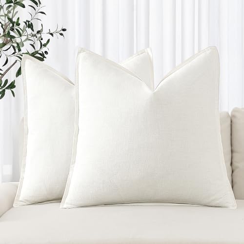 MIULEE Decorative Linen Pillow Covers 18x18 Inch Cream White Boho...