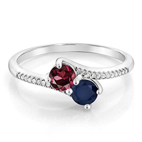 Gem Stone King 10K White Gold Forever United 2 Stone Red Rhodolite Garnet and Blue Sapphire and Diamond Engagement Ring For Women (0.90 Cttw, Round, Avaiable in Size 5,6,7,8,9)2