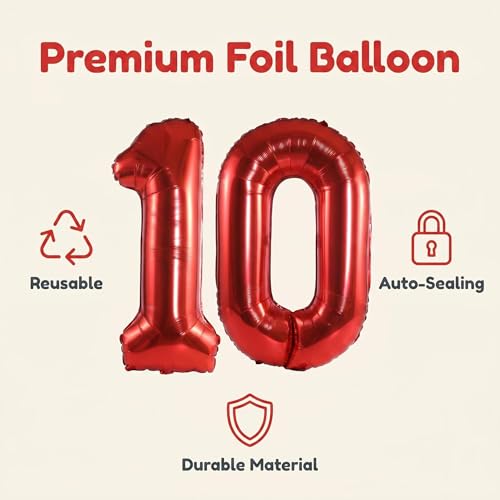 Image of Number 10 Balloon Foil Mylar Balloons for Birthday Party Decoration (Red, 40 Inch)