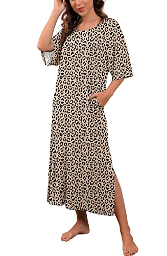 Prinstory Womens Long Nightgown Round Neck Nightshirts Short Sleeve Loose Loungewear Casual Sleep Dress With Pockets Fp-Leopard Khaki-Large #TOP20