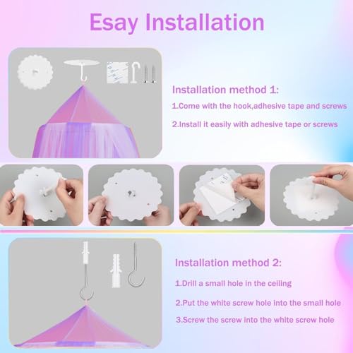 Image of Princess Pink Purple Bed Canopy with Lights for Girls Bed Net,Princess Canopy for Kids Bed Room Decor (Pink Purple+Lights)
