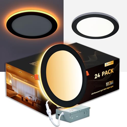 CycevSun 8 Inch 24 Pack LED Black Recessed Lights with Night Light, Canless Wafer Downlight Ultra Thin, Dimmable & 5CCT Selectable, 15W, 1350LM, ETL, 120-277V
