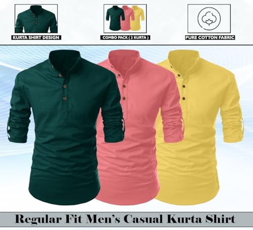Image of FINIVO FASHION Combo of Men's Cotton Blend Solid Regular Fit Full Sleeve Straight Short Kurta Shirt, Casual and Formal Wear