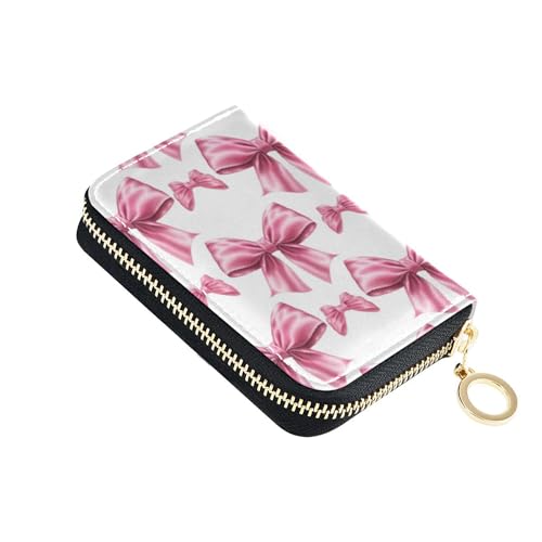 GAIGEO Credit Card Holder RFID Blocking Womens Wallets Small Zip Around Zipper Change Purse with Key Ring Soft Pink Bows Print White