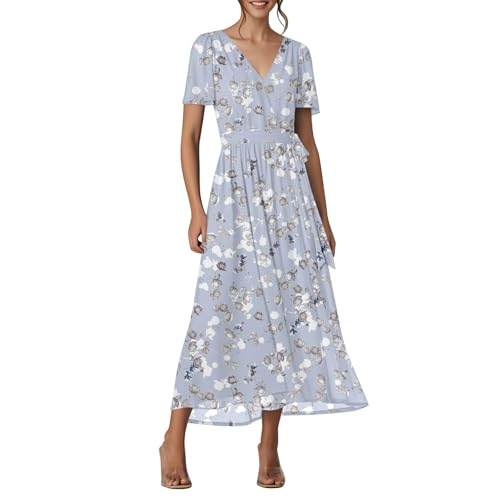 Maxi Dresses for Women UK with Belt Floral Print Ruffle Short Sle...