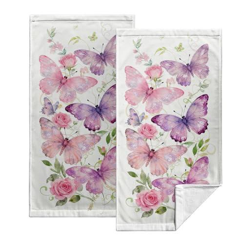 Kwlegh Pink Butterfly Hand Towels Spring Summer Kitchen Towels Watercolor Rose Floral Bath Towels 14.4x28.3 Set of 2 Soft Dish Drying Towels for Bathroom Hotel Guest Face Sport