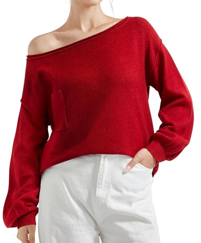 SUUKSESS Women Off The Shoulder Fall Sweaters Long Sleeve Boat Neck Oversized Pullover Sweater Tops
