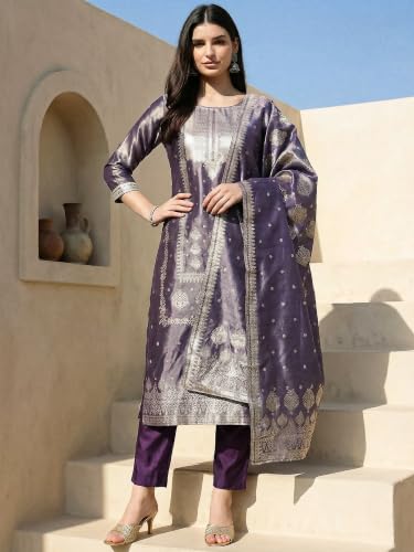 Image of INDO ERA Women's Purple Silk Blend Woven Design Straight Kurta and Pant with Dupatta Set (IESTR5599)