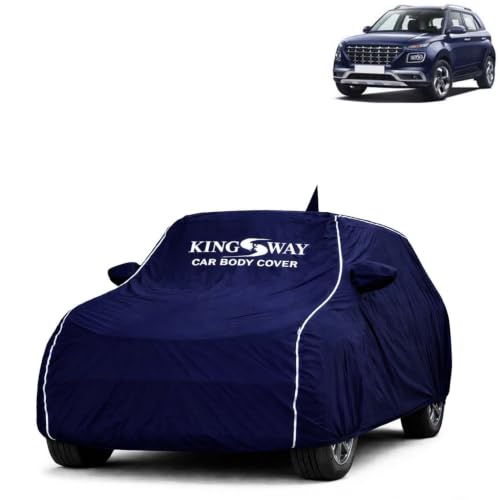 Image of KINGSWAY Super Waterproof Car Cover Only with Hyundai Venue (Year 2019 to 2022 - All Model) | Mirror and Antenna Pockets | All Weather Car Body Cover with Silver Piping | Blue