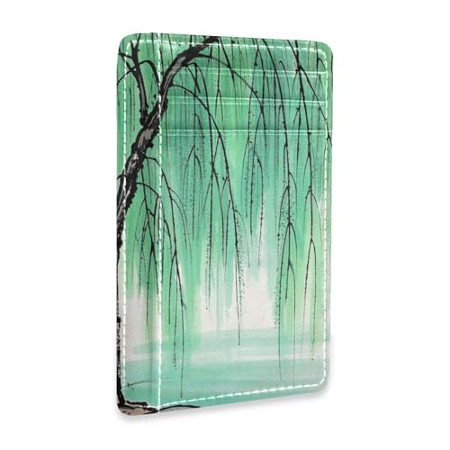 Chinese Ink Painting Tree Beige leather men's slim wallet With ID Window RFID Blocking card holder for men&women