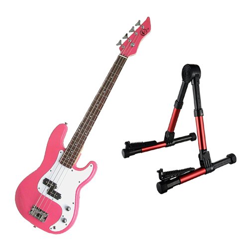 It’s All About the Bass Pack - Pink Kay Electric Bass Guitar Medium Scale w/Red Guitar Stand