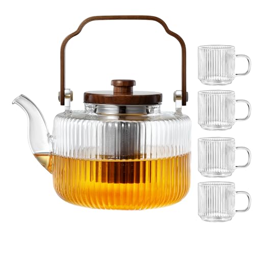 Vintage Glass Teapot Set with 4 Tea Cup, Ribbed Tea Pot Stovetop Safe, Clear Glass Tea Kettle with Stainless Steel Infusers and lid, Tea Maker for Loose Leaf Blooming - 50oz (1500ml)