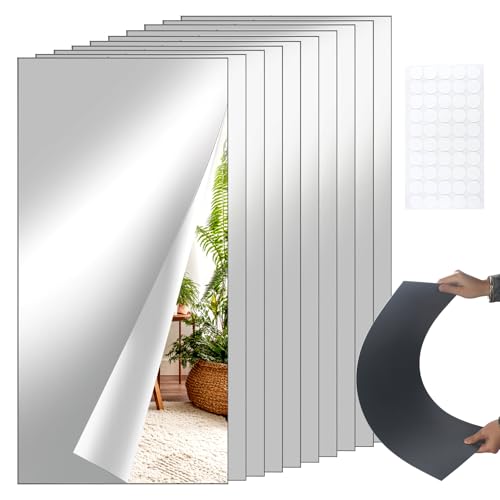 Otiamo 10 Pcs 12 x 24 Acrylic Self Adhesive Mirror Tiles for Wall 2mm Thick Flexible Stick Mirror Sheets Mirror for Home Gym Bedroom Ceiling Workout