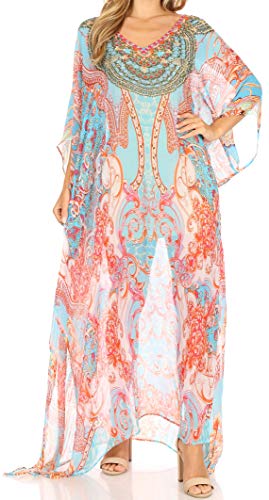 Sakkas Wilder Printed Design Long Sheer Rhinestone Caftan Dress/Cover Up
