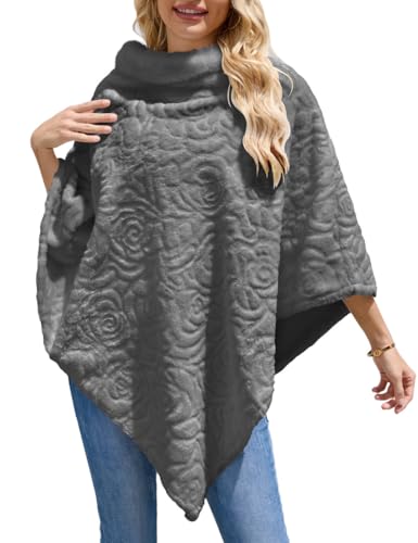 Ferand Women's Elegant Faux Fur Poncho Sweater with Rose Flower Pattern Cozy Warm Shawl for Winter