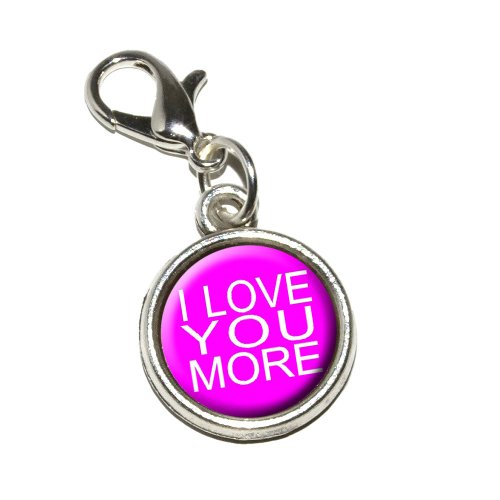 I Love You More on Hot Pink Antiqued Bracelet Pendant Zipper Pull Charm with Lobster Clasp