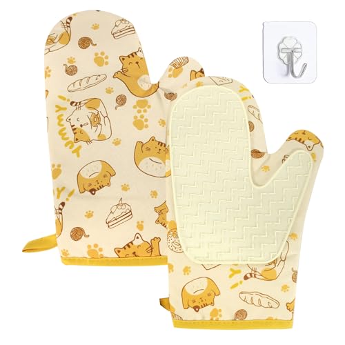 Guanti del forno Resistente al calore, cotone e silicone Guanti del forno del carino guanti del forno per cucinare forno a microonde, con gancio appeso 2pcs (Giallo)