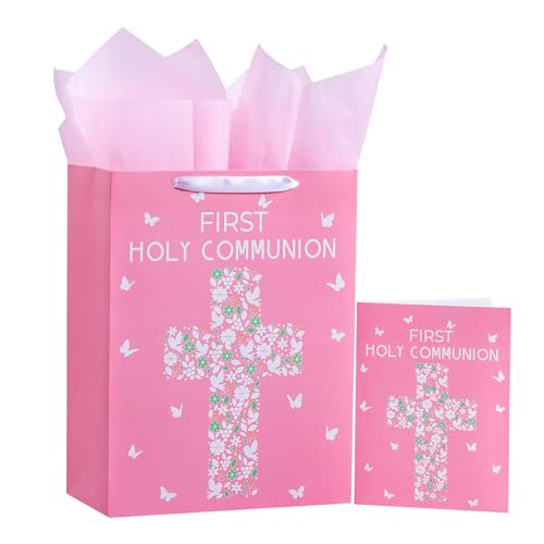 WRAPAHOLIC 13 Large Gift Bag with Card and Tissue Paper - Pink Cross with Floral and Dove Design for First Communion Baby Girl Baptisms Christenings Religious