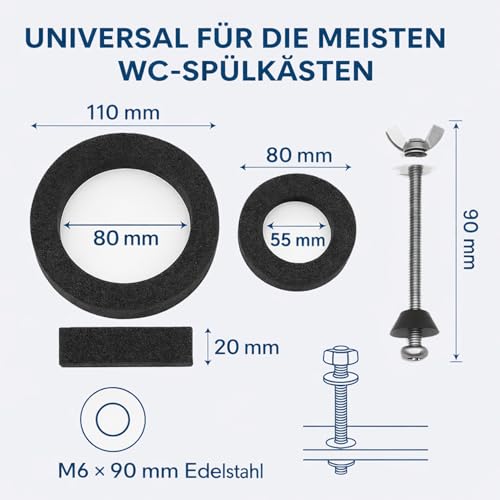 Spülkasten Ersatzteile – Schaumstoffdichtungen 110 mm und 80 mm + Edelstahlschrauben 90 mm M6 und Unterlegscheiben – Universal-Set zum Abdichten des Tanks und zur Vermeidung von Wasserlecks