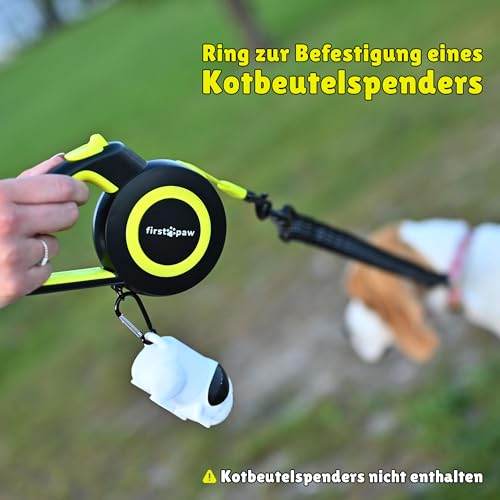 FirstPaw Rollleine Für Hunde bis 20 kg - Ausziehbar Hundeleine 5m, Reflektierendes Band, ergonomisches Design, bissfeste Materialien, leichtes Bremssystem, Zubehörring für Kotbeutel oder Taschenlampe