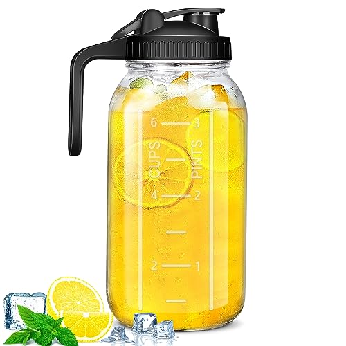 Image of Mason Jar Pitcher with Pour Spout Handle Lid, 64OZ/2 Quart Wide Mouth Glass Pitcher with Airtight Seal Lid, Heavy Duty Pitcher with lid Nice for Breastmilk, Cold Brew Coffee, Iced Tea, Fruit Tea