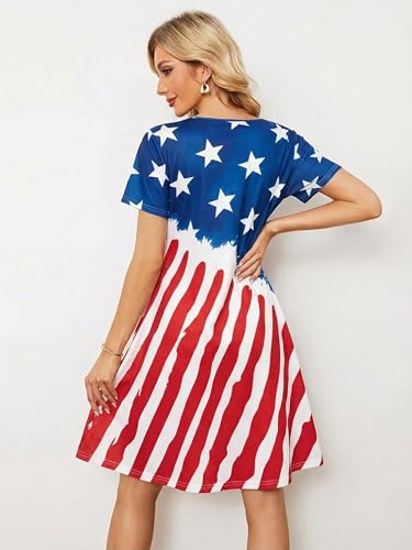 Image of LUKYCILD American Flag Dress Women 4th of July Patriotic Shirt USA Stars Stripes Dresses Sexy V- Neck Summer Sundress