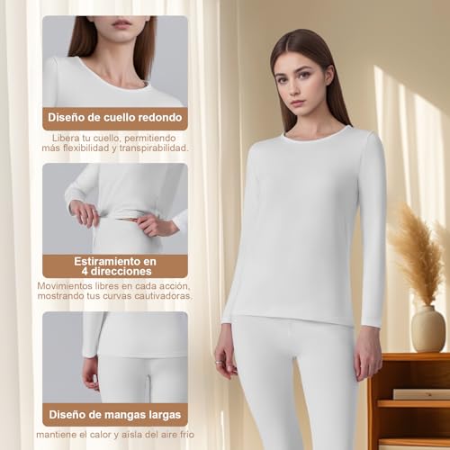 Channo Camiseta Interior Térmica para Mujer: Suave Cómoda y Transpirable para Deporte Vida Cotidiana y Actividades Invernales(Blanco L)