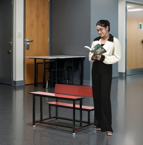 Image of GOYALSON School Home Tution College Bench Duel Desk Student Bench Cum Duel Desk Strong and Sturdy Metal Standard Structure with Wooden Top (4, Red, Small Students with Back)