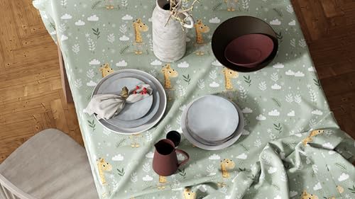 Image of LORETO - A QUALITY LINEN BRAND 100% Pure Cotton Table Cover with Boho Tassels (48 x 48 Inch) - Square Tablecloth for Square Dining Table, Sage Green Jungle Giraffe