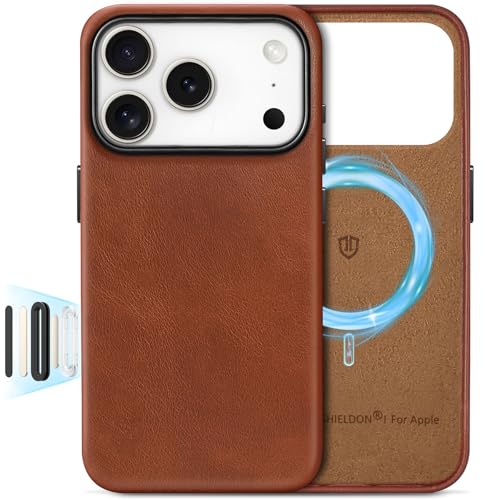 Image of SHIELDON Genuine Leather Case for iPhone 17 Pro 6.3 inch 2025, Retro Brown | Compatible with MagSafe, Magnetic Wireless Charging, Camera Button, Metal Buttons, Camera Bezel, Slim, Shockproof, Women Men