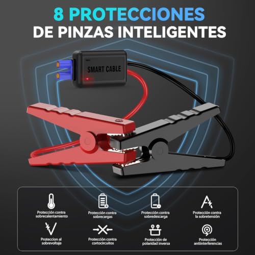 Miniatura 5 de Acezuk Arrancador De Coches 8000a, 12v Arrancador De Baterias De Coches Para 5.5l Disésel O 7.0l Gas , Jump Starter Con 2.5 Inch Pantalla Lcd, Clips De Seguridad Inteligentes, Luz Led