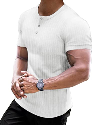 Muscle Cmdr T Shirt Homme,Coton À Manches Courtes Henley T-Shirts, Casual Henley Hauts pour Fitness Tee Shirt（Blanc/L