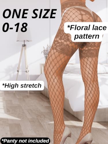 Image of ChiaoLezhee Sexy Wide Fishnet Tights, Floral Lace Garter Stockings For Women, Fishnets Fish Net Fits 0-18